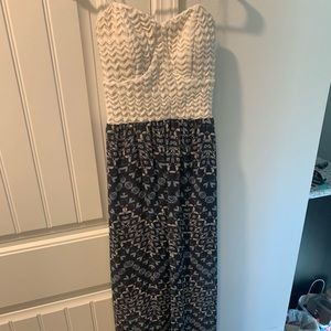 White/blue strapless maxi dress with an open back from Charlotte Russe